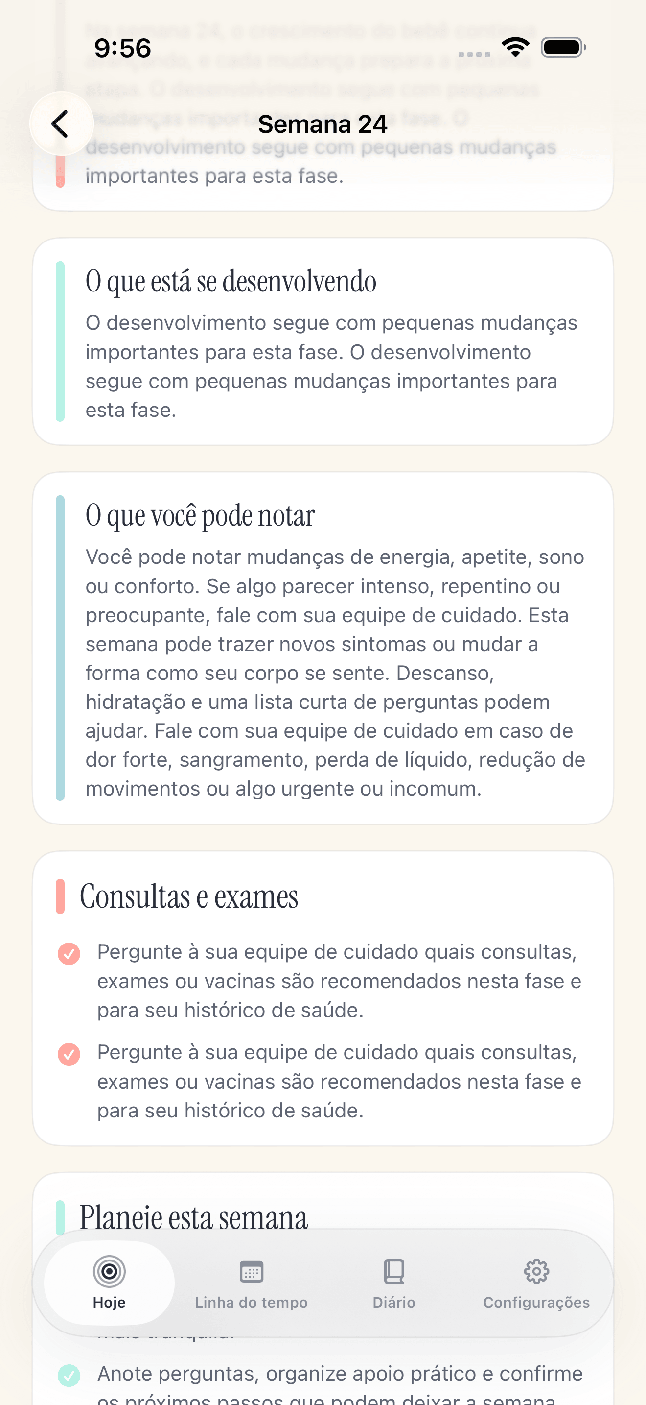 Tela de detalhes da semana Pregnancy Growth Tracker