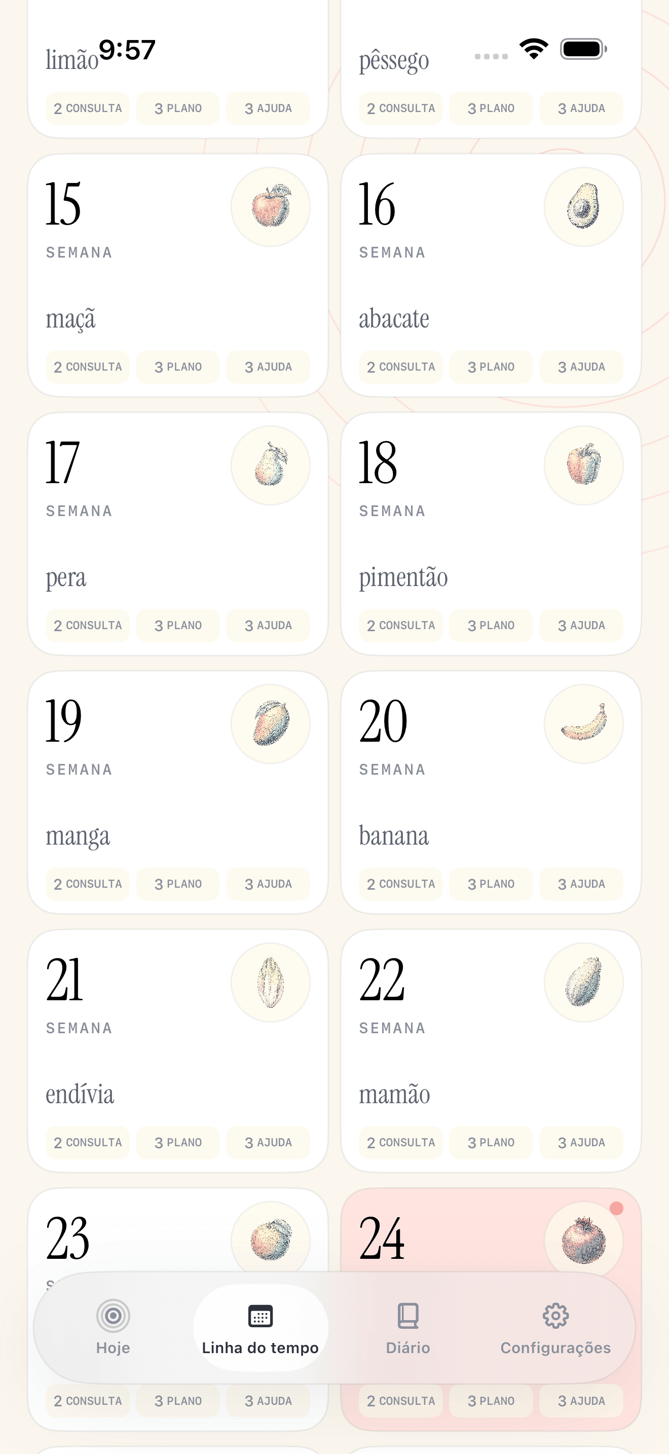 Tela de cronograma do diário Pregnancy Growth Tracker