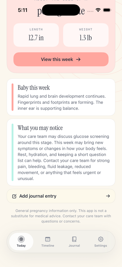 Pregnancy Growth Tracker week detail screen