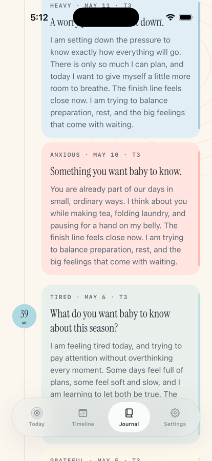 Pregnancy Growth Tracker saved journal entries screen