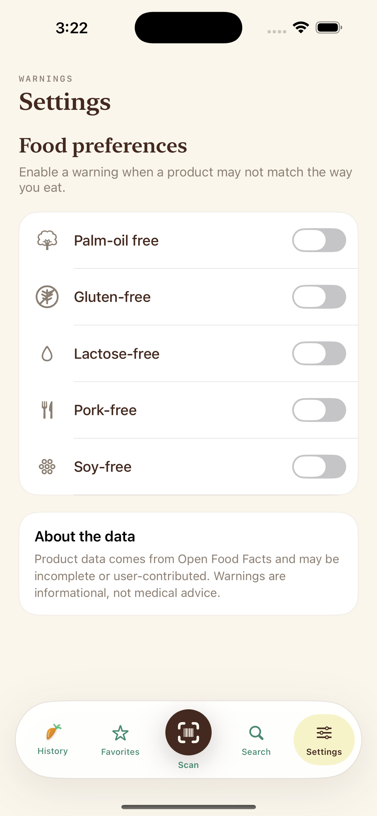 What I Eat settings screenshot